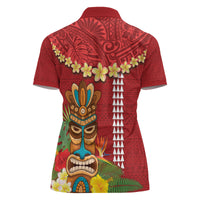 Hawaii Plumeria Lei Women Polo Shirt Tiki and Kakau Pattern Red Color