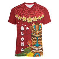 Hawaii Plumeria Lei Women V-Neck T-Shirt Tiki and Kakau Pattern Red Color