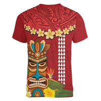 Hawaii Plumeria Lei Women V-Neck T-Shirt Tiki and Kakau Pattern Red Color