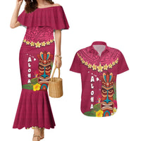 Hawaii Plumeria Lei Couples Matching Mermaid Dress and Hawaiian Shirt Tiki and Kakau Pattern Pink Color LT03 Pink - Polynesian Pride