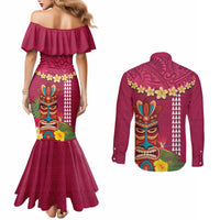 Hawaii Plumeria Lei Couples Matching Mermaid Dress and Long Sleeve Button Shirt Tiki and Kakau Pattern Pink Color