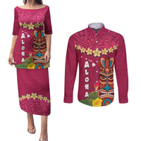Hawaii Plumeria Lei Couples Matching Puletasi and Long Sleeve Button Shirt Tiki and Kakau Pattern Pink Color LT03 Pink - Polynesian Pride