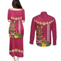Hawaii Plumeria Lei Couples Matching Puletasi and Long Sleeve Button Shirt Tiki and Kakau Pattern Pink Color LT03 - Polynesian Pride