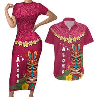 Hawaii Plumeria Lei Couples Matching Short Sleeve Bodycon Dress and Hawaiian Shirt Tiki and Kakau Pattern Pink Color LT03 Pink - Polynesian Pride