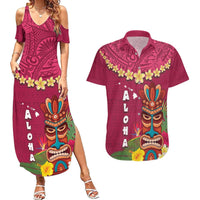 Hawaii Plumeria Lei Couples Matching Summer Maxi Dress and Hawaiian Shirt Tiki and Kakau Pattern Pink Color LT03 Pink - Polynesian Pride
