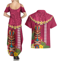 Hawaii Plumeria Lei Couples Matching Summer Maxi Dress and Hawaiian Shirt Tiki and Kakau Pattern Pink Color LT03 - Polynesian Pride