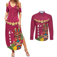 Hawaii Plumeria Lei Couples Matching Summer Maxi Dress and Long Sleeve Button Shirt Tiki and Kakau Pattern Pink Color LT03 Pink - Polynesian Pride