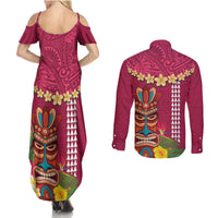 Hawaii Plumeria Lei Couples Matching Summer Maxi Dress and Long Sleeve Button Shirt Tiki and Kakau Pattern Pink Color LT03 - Polynesian Pride