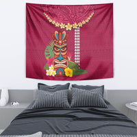 Hawaii Plumeria Lei Tapestry Tiki and Kakau Pattern Pink Color