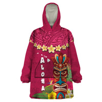 Hawaii Plumeria Lei Wearable Blanket Hoodie Tiki and Kakau Pattern Pink Color
