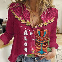 Hawaii Plumeria Lei Women Casual Shirt Tiki and Kakau Pattern Pink Color