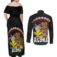 Aloha Hawaii Couples Matching Off Shoulder Maxi Dress and Long Sleeve Button Shirt Kanaka Maoli with Polynesian Spiral Plumeria