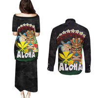 Aloha Hawaii Couples Matching Puletasi and Long Sleeve Button Shirt Kanaka Maoli with Polynesian Spiral Plumeria