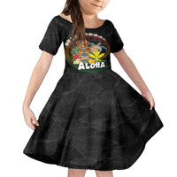 Aloha Hawaii Family Matching Off Shoulder Maxi Dress and Hawaiian Shirt Kanaka Maoli with Polynesian Spiral Plumeria LT03 Daughter's Dress Black - Polynesian Pride