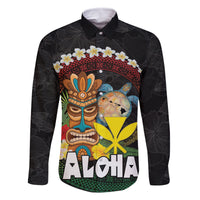 Aloha Hawaii Family Matching Summer Maxi Dress and Hawaiian Shirt Kanaka Maoli with Polynesian Spiral Plumeria LT03 Dad's Shirt - Long Sleeve Black - Polynesian Pride