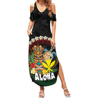 Aloha Hawaii Family Matching Summer Maxi Dress and Hawaiian Shirt Kanaka Maoli with Polynesian Spiral Plumeria LT03 Mom's Dress Black - Polynesian Pride