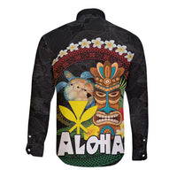Aloha Hawaii Long Sleeve Button Shirt Kanaka Maoli with Polynesian Spiral Plumeria