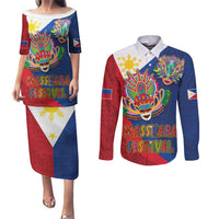 Philippines MassKara Couples Matching Puletasi and Long Sleeve Button Shirt Filipino Carnival Mask and Polynesian Pattern