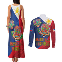 Philippines MassKara Couples Matching Tank Maxi Dress and Long Sleeve Button Shirt Filipino Carnival Mask and Polynesian Pattern