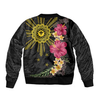 Hawaii and Philippines Together Bomber Jacket Hibiscus Flower and Sun Badge Polynesian Pattern Coloful