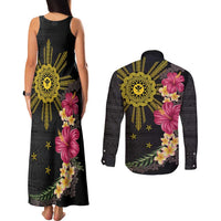 Hawaii and Philippines Together Couples Matching Tank Maxi Dress and Long Sleeve Button Shirt Hibiscus Flower and Sun Badge Polynesian Pattern Coloful