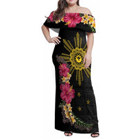 Hawaii and Philippines Together Family Matching Off Shoulder Maxi Dress and Hawaiian Shirt Hibiscus Flower and Sun Badge Polynesian Pattern Coloful