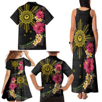 Hawaii and Philippines Together Family Matching Tank Maxi Dress and Hawaiian Shirt Hibiscus Flower and Sun Badge Polynesian Pattern Coloful
