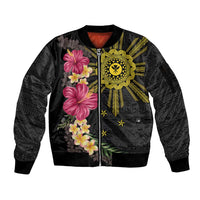 Hawaii and Philippines Together Sleeve Zip Bomber Jacket Hibiscus Flower and Sun Badge Polynesian Pattern Coloful