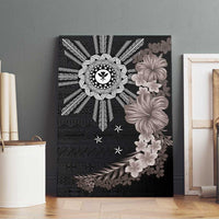 Hawaii and Philippines Together Canvas Wall Art Hibiscus Flower and Sun Badge Polynesian Pattern Grayscale