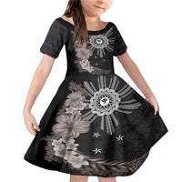 Hawaii and Philippines Together Family Matching Mermaid Dress and Hawaiian Shirt Hibiscus Flower and Sun Badge Polynesian Pattern Grayscale
