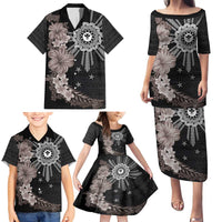 Hawaii and Philippines Together Family Matching Puletasi and Hawaiian Shirt Hibiscus Flower and Sun Badge Polynesian Pattern Grayscale