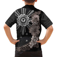 Hawaii and Philippines Together Family Matching Short Sleeve Bodycon Dress and Hawaiian Shirt Hibiscus Flower and Sun Badge Polynesian Pattern Grayscale