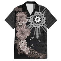 Hawaii and Philippines Together Family Matching Short Sleeve Bodycon Dress and Hawaiian Shirt Hibiscus Flower and Sun Badge Polynesian Pattern Grayscale