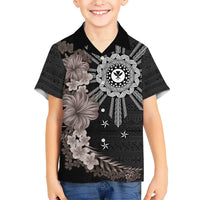 Hawaii and Philippines Together Kid Hawaiian Shirt Hibiscus Flower and Sun Badge Polynesian Pattern Grayscale