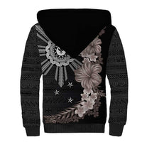 Hawaii and Philippines Together Sherpa Hoodie Hibiscus Flower and Sun Badge Polynesian Pattern Grayscale