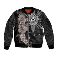 Hawaii and Philippines Together Sleeve Zip Bomber Jacket Hibiscus Flower and Sun Badge Polynesian Pattern Grayscale