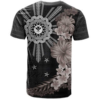 Hawaii and Philippines Together T Shirt Hibiscus Flower and Sun Badge Polynesian Pattern Grayscale