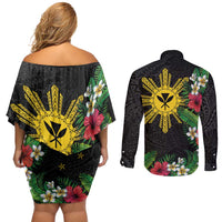 Tropical Hawaii and Philippines Couples Matching Off Shoulder Short Dress and Long Sleeve Button Shirt Kanaka Maoli and Sun Badge Batok Tattoo Colorful