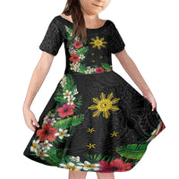 Tropical Hawaii and Philippines Family Matching Off The Shoulder Long Sleeve Dress and Hawaiian Shirt Kanaka Maoli and Sun Badge Batok Tattoo Colorful