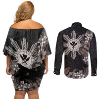 Tropical Hawaii and Philippines Couples Matching Off Shoulder Short Dress and Long Sleeve Button Shirt Kanaka Maoli and Sun Badge Batok Tattoo Grayscale