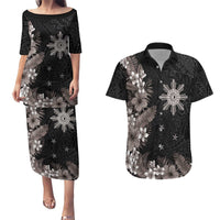 Tropical Hawaii and Philippines Couples Matching Puletasi and Hawaiian Shirt Kanaka Maoli and Sun Badge Batok Tattoo Grayscale