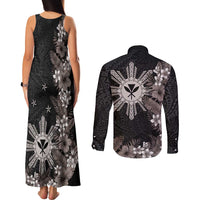 Tropical Hawaii and Philippines Couples Matching Tank Maxi Dress and Long Sleeve Button Shirt Kanaka Maoli and Sun Badge Batok Tattoo Grayscale