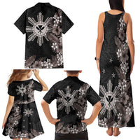 Tropical Hawaii and Philippines Family Matching Tank Maxi Dress and Hawaiian Shirt Kanaka Maoli and Sun Badge Batok Tattoo Grayscale