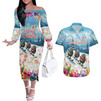 New Zealand Merry Christmas Couples Matching Off The Shoulder Long Sleeve Dress and Hawaiian Shirt Kiwi Birds Snow Boarding-Vibrant Tropical Flower - Polynesian Pride