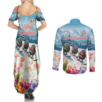 New Zealand Merry Christmas Couples Matching Summer Maxi Dress and Long Sleeve Button Shirt Kiwi Birds Snow Boarding-Vibrant Tropical Flower - Polynesian Pride
