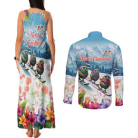 New Zealand Merry Christmas Couples Matching Tank Maxi Dress and Long Sleeve Button Shirt Kiwi Birds Snow Boarding-Vibrant Tropical Flower - Polynesian Pride