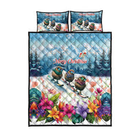 New Zealand Merry Christmas Quilt Bed Set Kiwi Birds Snow Boarding-Vibrant Tropical Flower - Polynesian Pride