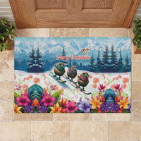New Zealand Merry Christmas Rubber Doormat Kiwi Birds Snow Boarding-Vibrant Tropical Flower - Polynesian Pride