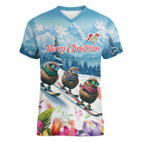 New Zealand Merry Christmas Women V-Neck T-Shirt Kiwi Birds Snow Boarding-Vibrant Tropical Flower - Polynesian Pride
