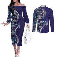 Samoan Siapo Art Tattoo Polynesian Pattern Couples Matching Off The Shoulder Long Sleeve Dress and Long Sleeve Button Shirt Navy Color - Polynesian Pride